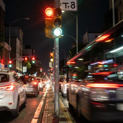 blurred motion of traffic lights at night