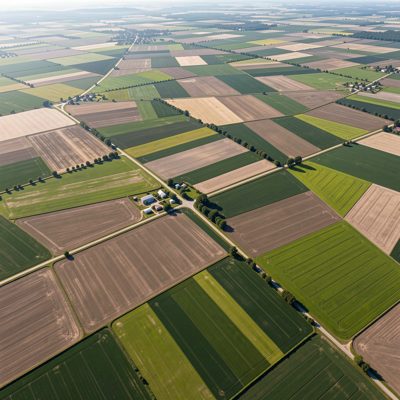 an aerial view of geometric farmland