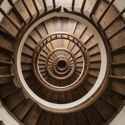 a spiral staircase photographed from directly below