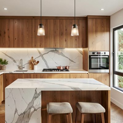 a modern kitchen with marble counters and warm wood