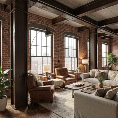 a loft apartment with exposed brick and steel beams