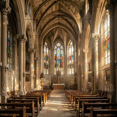 an old church interior with light through stained glass