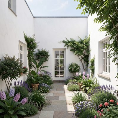 a courtyard garden enclosed by white walls