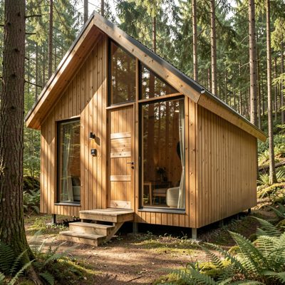 a timber clad cabin exterior in woodland