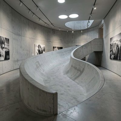 a curved concrete ramp inside a museum