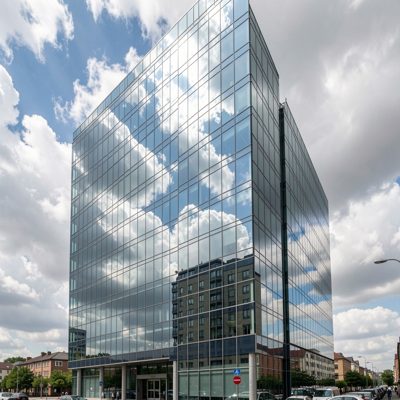 a glass office building reflecting clouds