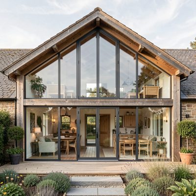 a modern barn conversion with double height glazing