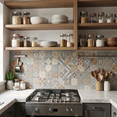 a tiled kitchen splashback with open shelving above