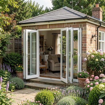 a garden room with folding glass doors open