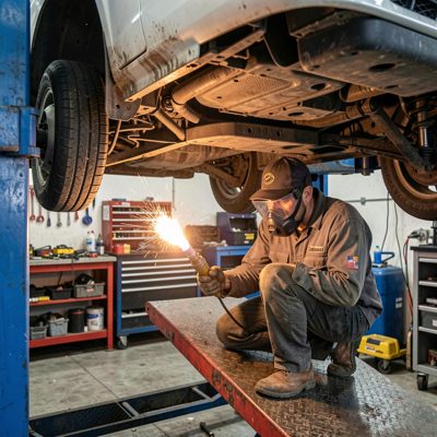 a mechanic under a car on a ramp with a torch