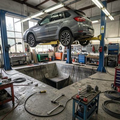 a workshop pit with a car overhead