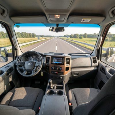 a truck cab interior with a long road ahead