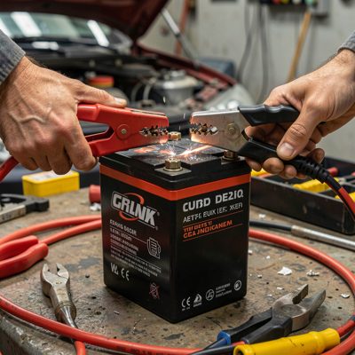 a battery being jump started with red and black clamps