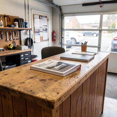 a garage reception counter with a service book