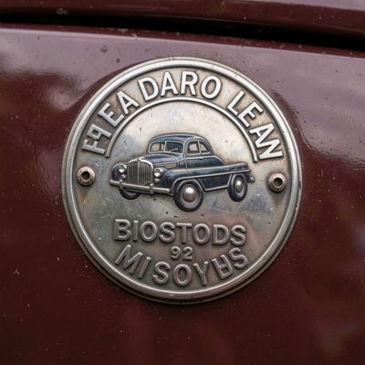 a vintage car badge photographed close