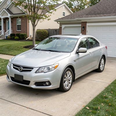 a silver sedan parked on a driveway, no license plate