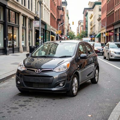 a compact hatchback on a city street, no license plate