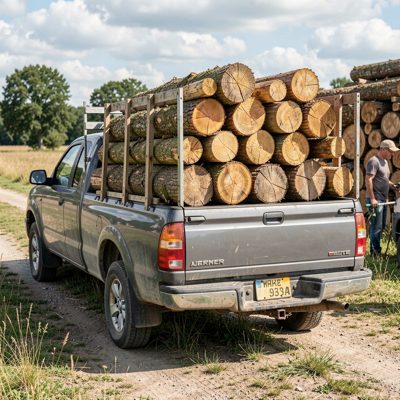 a pickup truck loaded with timber, no license plate