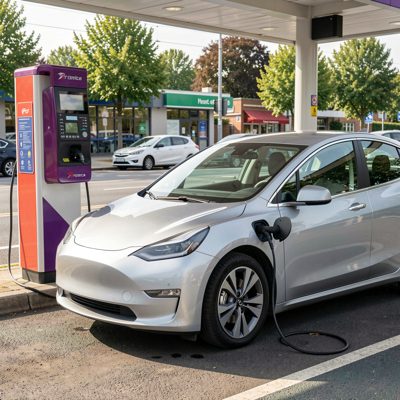 an electric car charging at a public point, no license plate