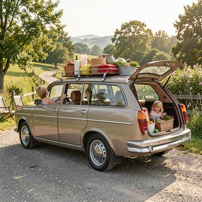 a family estate car packed for a holiday, no license plate