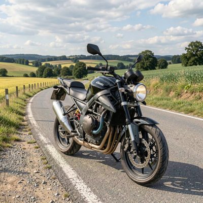 a motorcycle parked beside a country road, no license plate