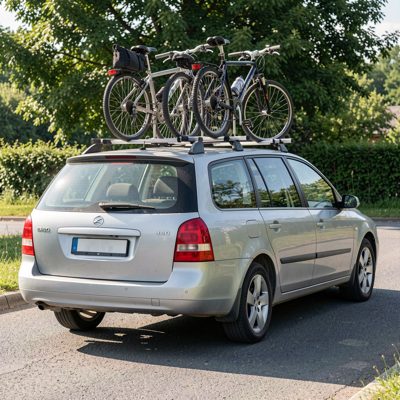a station wagon with roof bars and bikes, no license plate