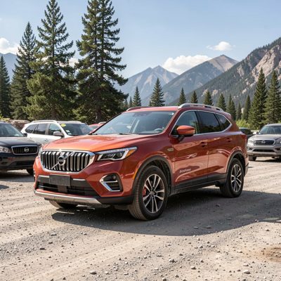 a crossover SUV at a trailhead car park, no license plate