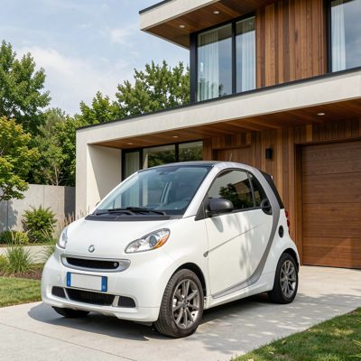 a compact EV parked outside a modern house, no license plate