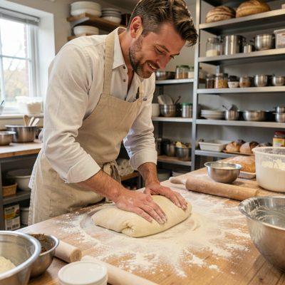 a baker shaping dough on a floured bench