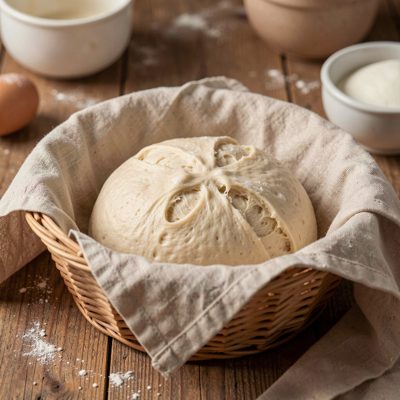 a proving basket with dough rising under cloth