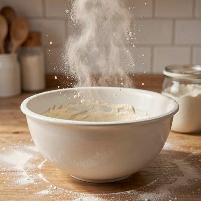 flour dusting the air above a mixing bowl