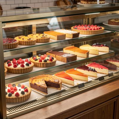 a bakery display case of tarts and slices