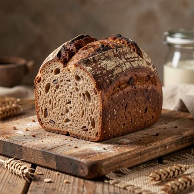 a rye loaf with a dark crust on a board
