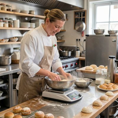 a pastry chef weighing ingredients on a scale