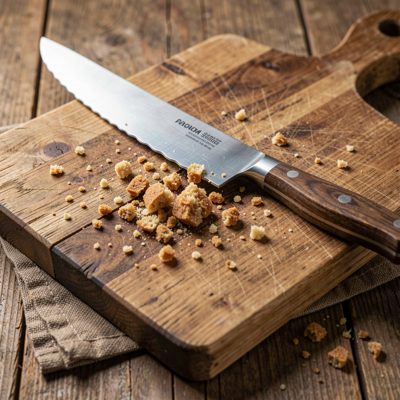 a bread knife and crumbs on a wooden board