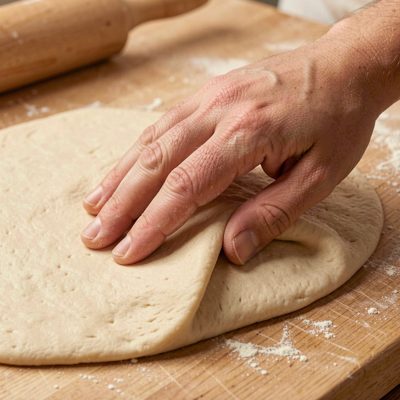 a hand stretching dough into a thin sheet