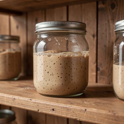 a sourdough starter jar bubbling on a shelf