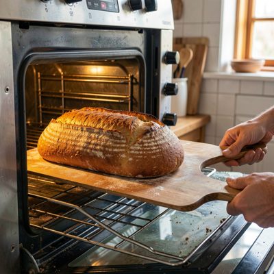 a baker's peel sliding a loaf into an oven