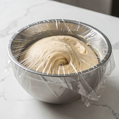 a mixing bowl of dough covered with cling film
