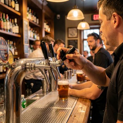 a beer tap being pulled at a busy bar