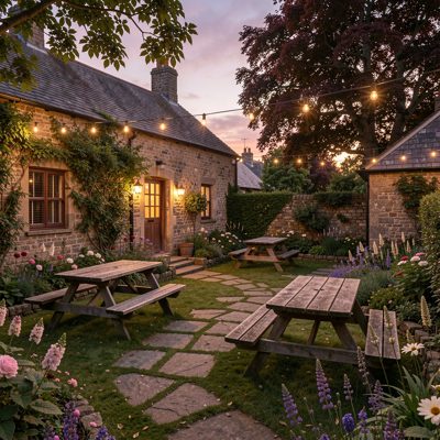 a pub garden with picnic benches at dusk