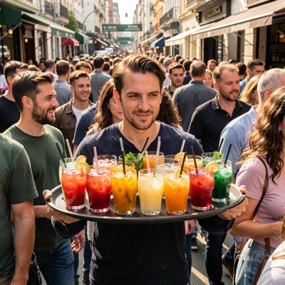 a tray of drinks being carried through a crowd