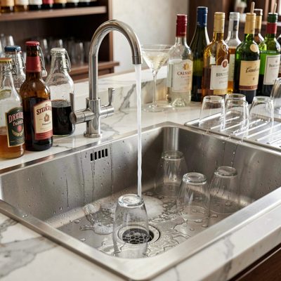 a bar sink with glasses draining