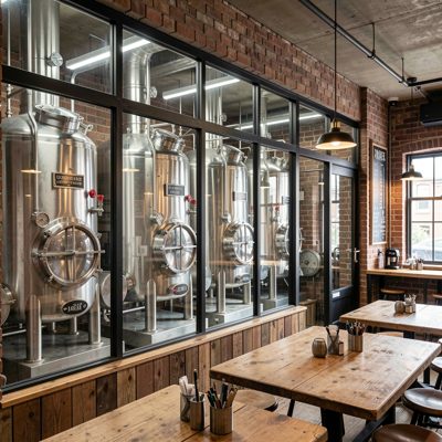 a taproom with steel tanks visible behind glass