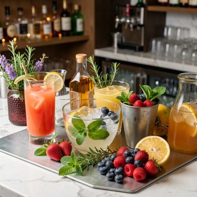 a cocktail garnish station with fruit and herbs