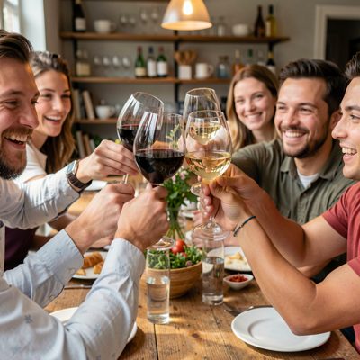 a group toasting with glasses raised