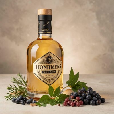 a bottle of gin with botanicals arranged beside