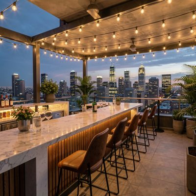 a rooftop bar with lights and city skyline