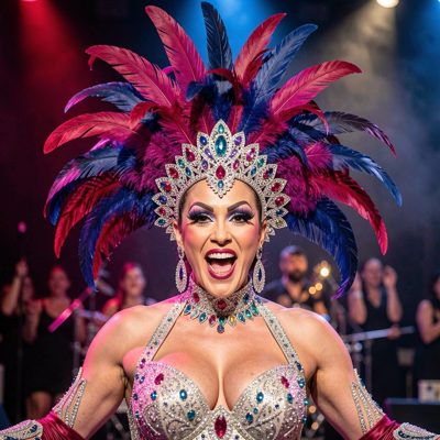 a drag performer in an elaborate feathered headdress