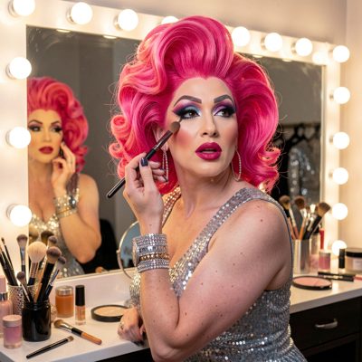 a drag queen applying dramatic makeup at a lit dressing room mirror